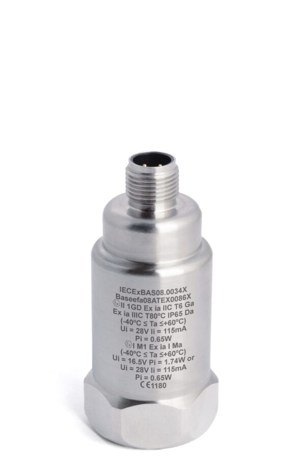 HS-420IT – Top Exit – 4 Pin M12 Intrinsically Safe Accelerometer with Temp Output